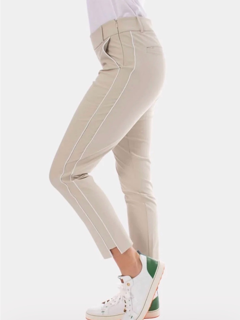 Tailored Ankle Pants with Contrast Piping - Beige